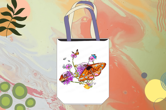 White eco bag with the butterfly on the flowers.