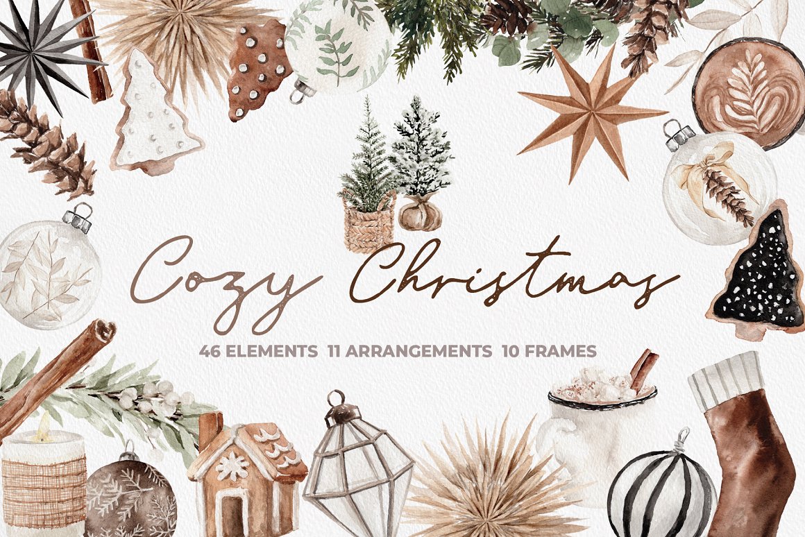 Brown lettering "Cozy Christmas" and different watercolor christmas elements in brown shades.