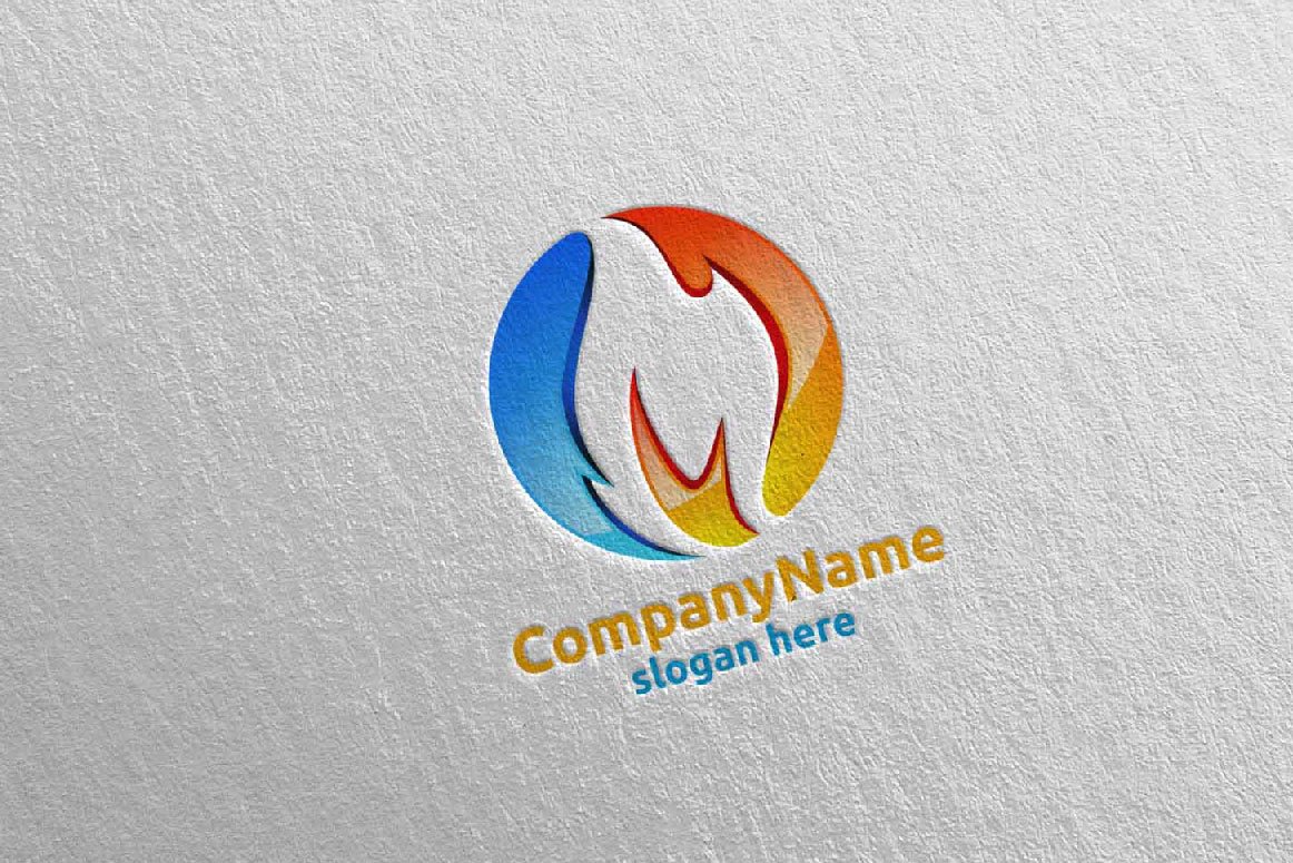 A blue and orange 3D fire flame element logo and orange and blue lettering "CompanyName slogan here" on a gray background.