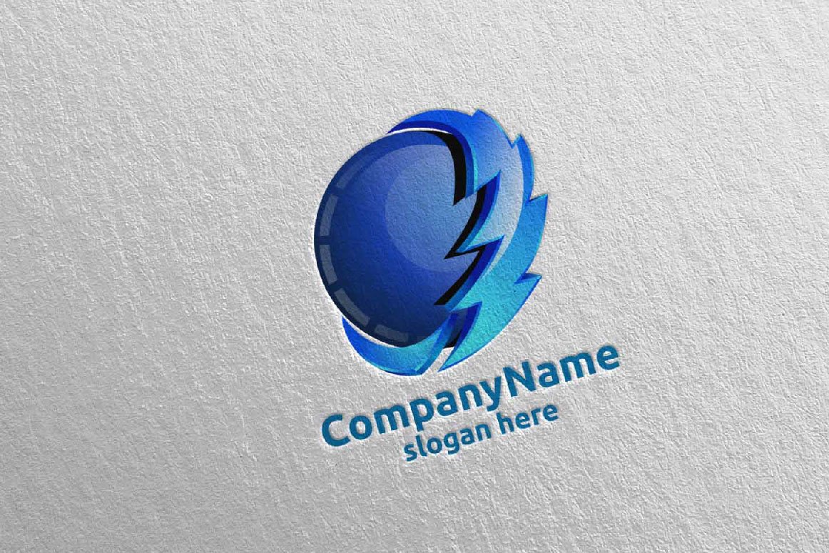 A blue 3D electric lightning logo energy and thunder and blue lettering "CompanyName slogan here" on a gray background.