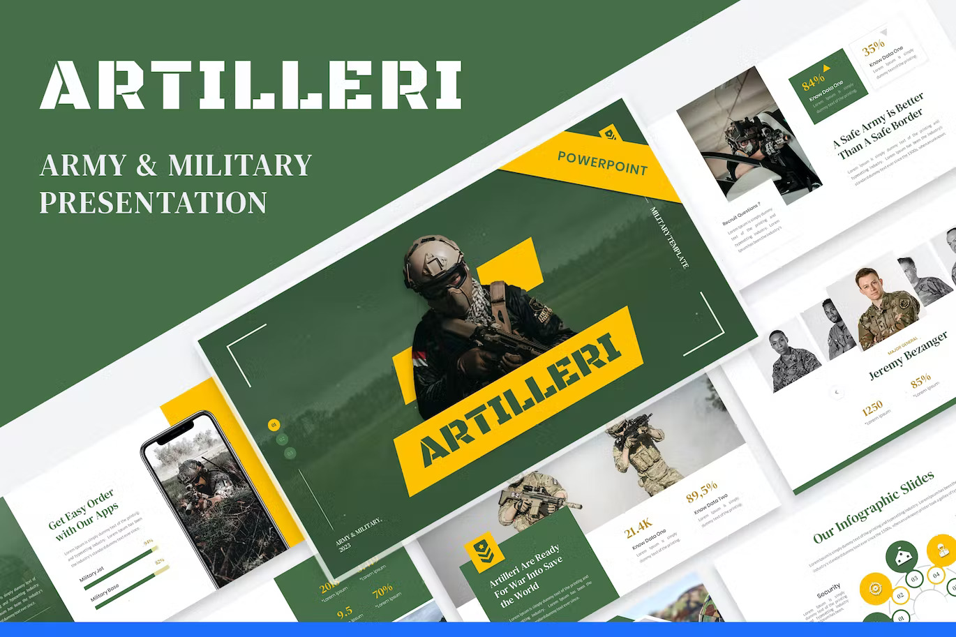 Cover - white lettering "Artilleri — Military & Army Presentation" and different presentation templates on a green background.