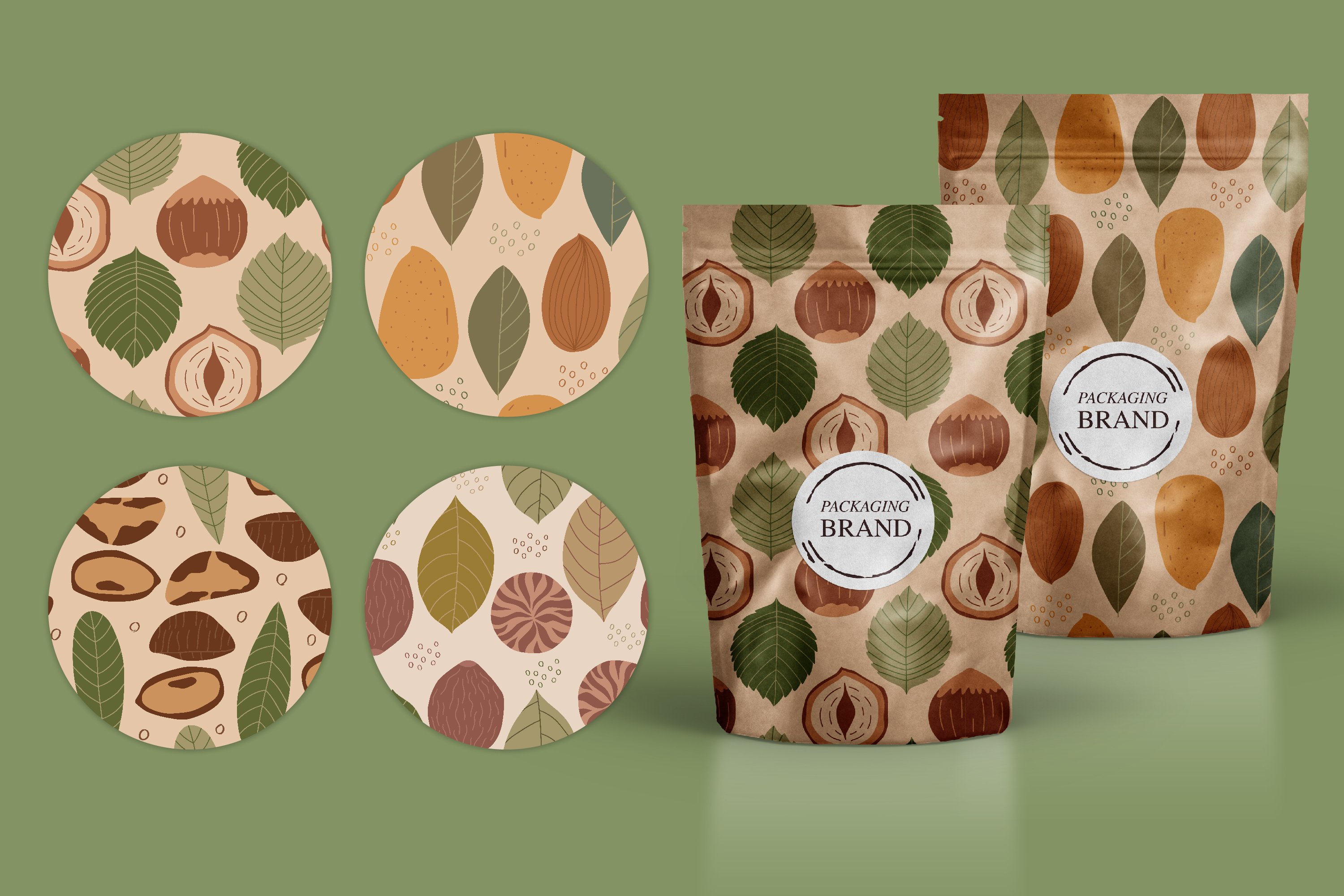 A set of 4 seamless patterns with nuts and 2 packaging bags with nuts print.