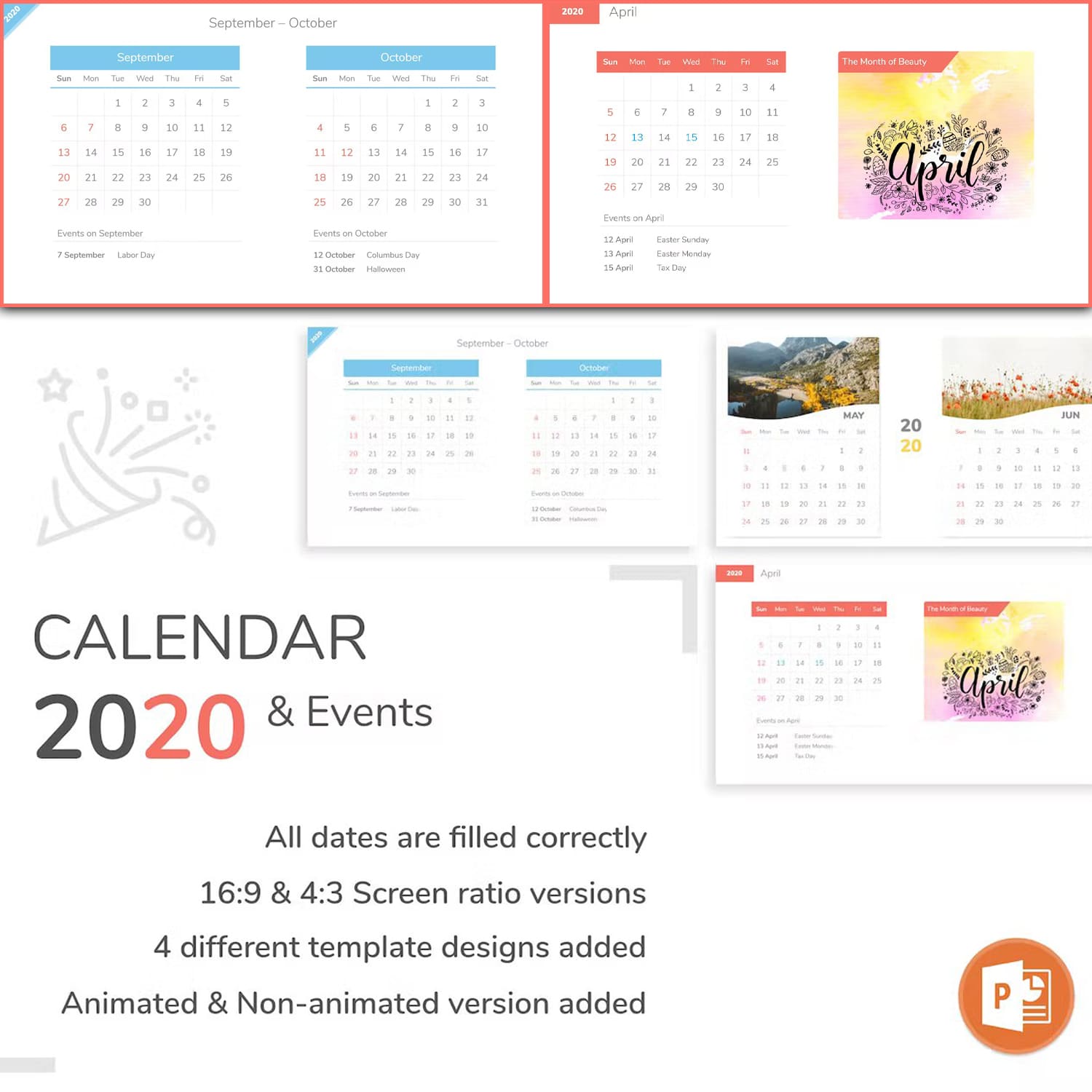 Pack of images of colorful calendar presentation template slides.