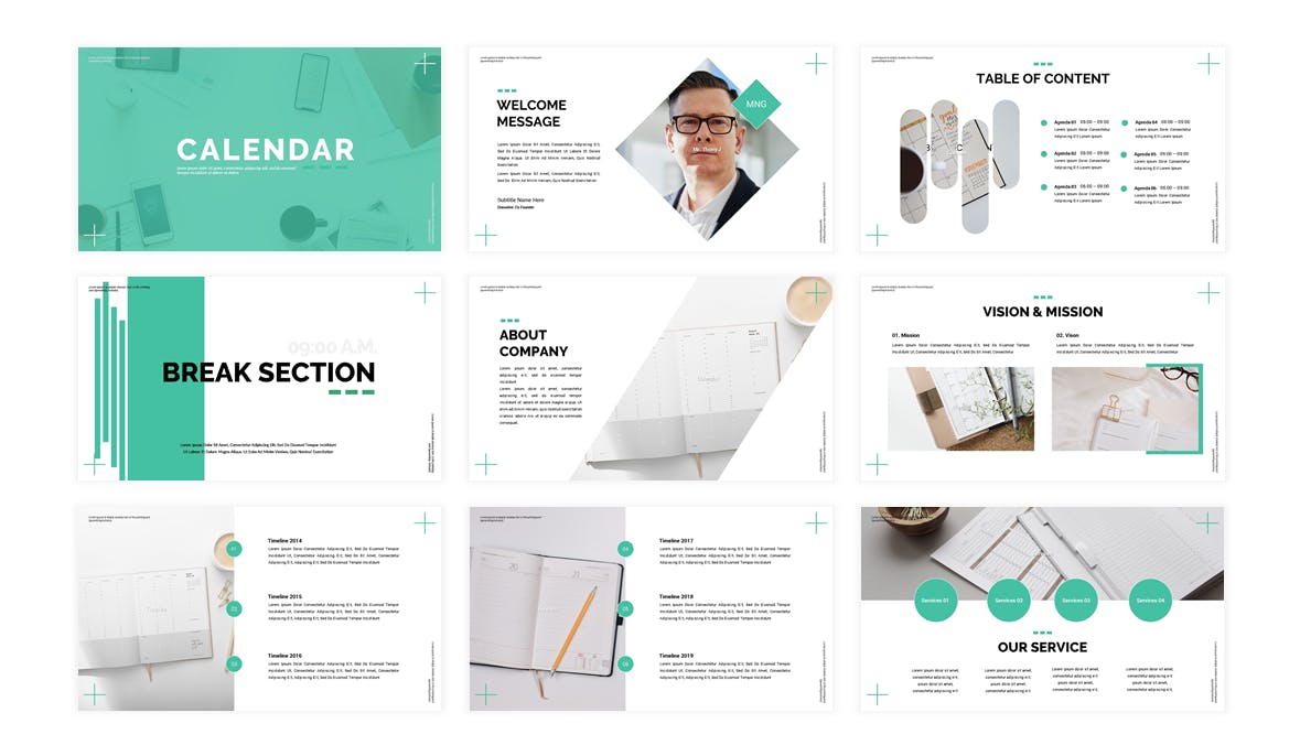 Pack of images of colorful slide presentation template for business.