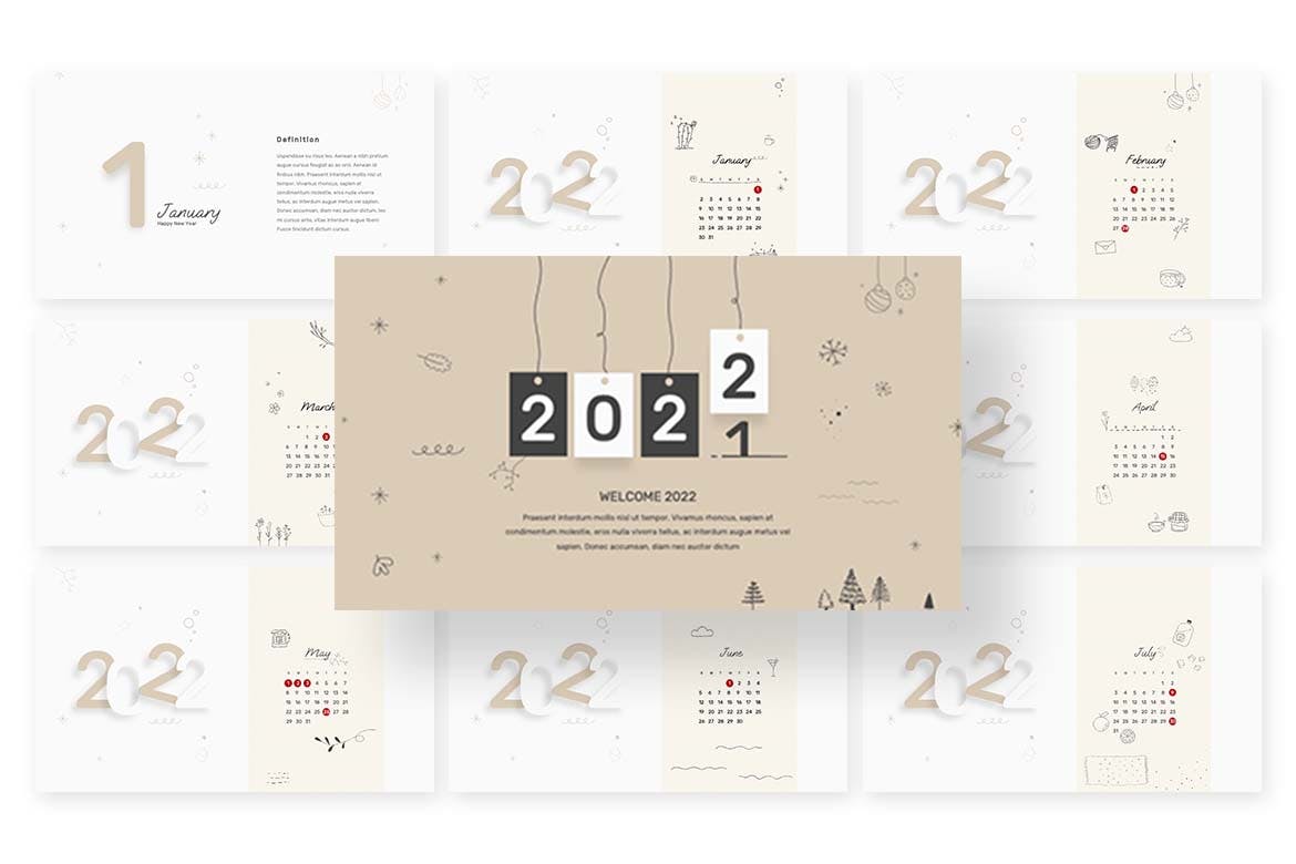A pack of images of enchanting slides of a presentation template in the form of a calendar.