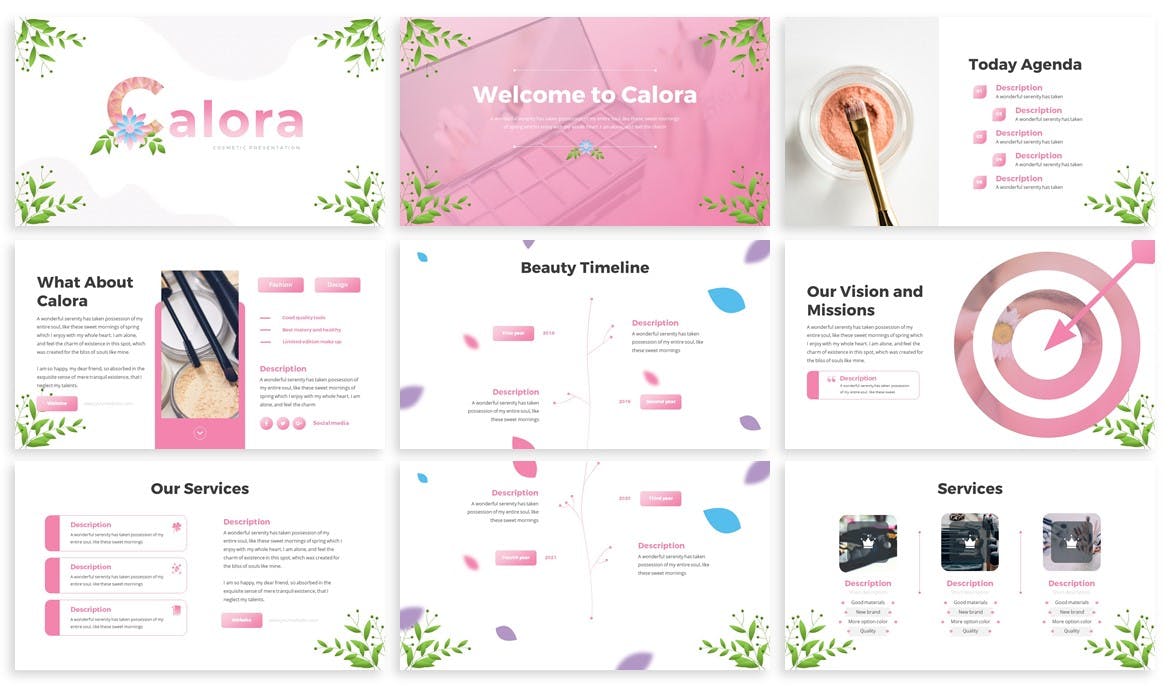 Pack of images of enchanting slides of a presentation template on the topic of cosmetics.