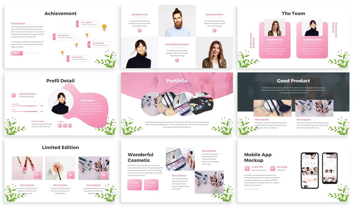 Set of images of amazing presentation template slides on the theme of cosmetics.