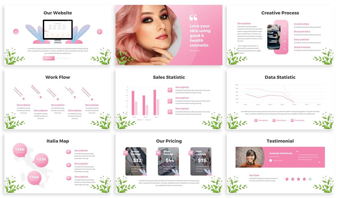 Collection of images of elegant presentation template slides on the theme of cosmetics.