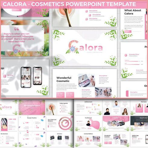 A selection of images of unique presentation template slides on the theme of cosmetics.