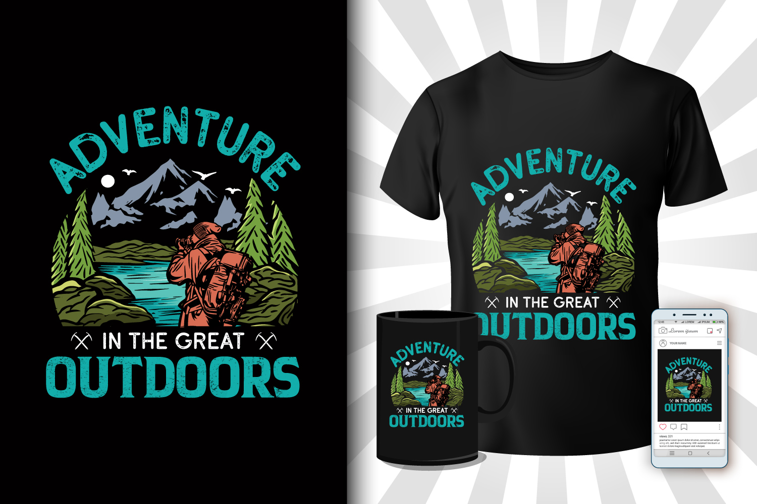 Mountain Camping T-Shirt Illustration Design Bundle preview image.
