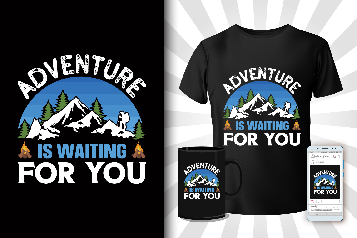 Camping Mountain T-Shirt Illustration Design Bundle preview image.