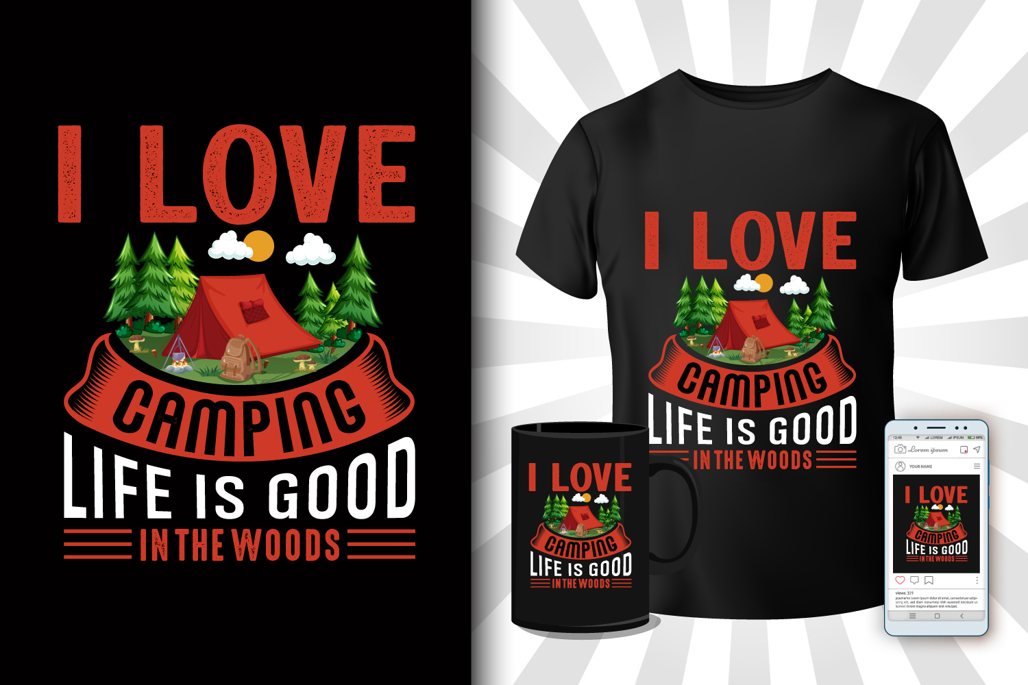 Camping Mountain T-Shirt Red Illustration Design Bundle preview image.