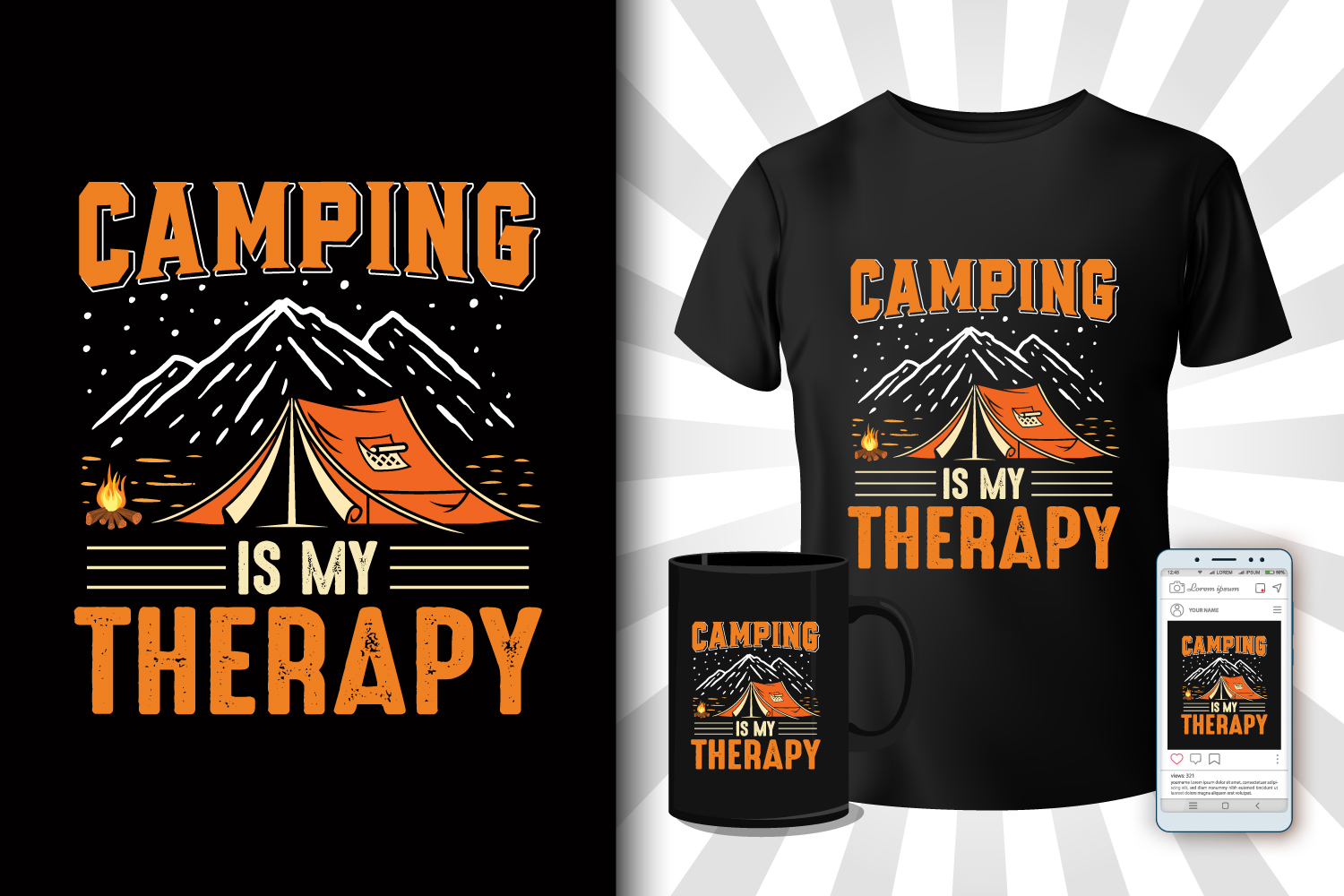 T-shirt Camping Mountain Orange Illustration Design Bundle preview image.