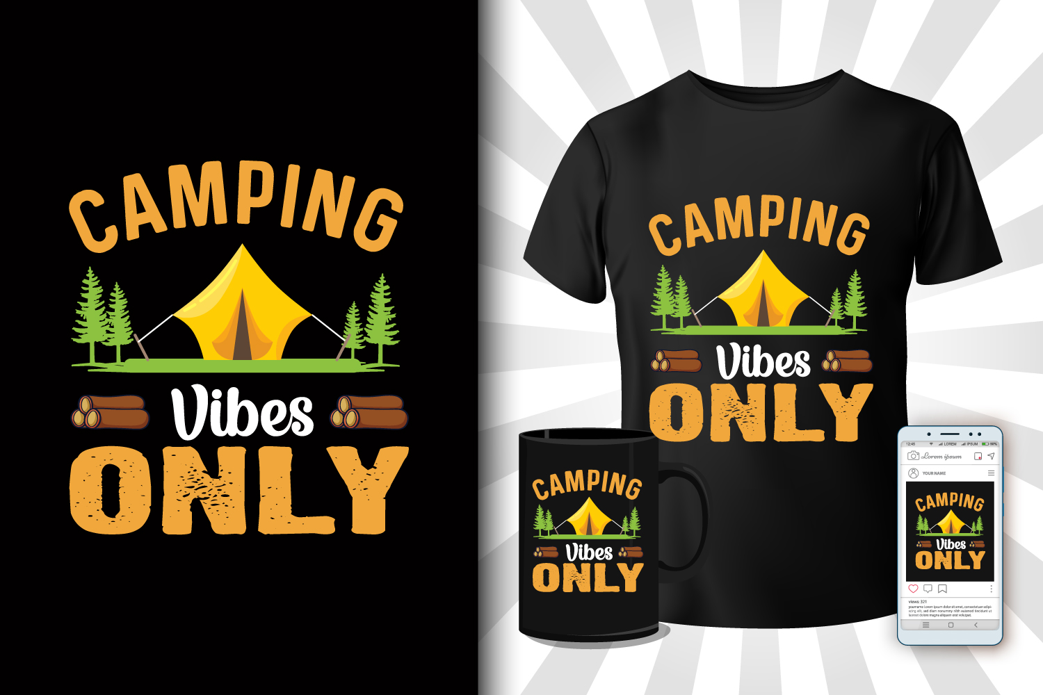 T-shirt Camping Mountain Yellow Illustration Design Bundle preview image.