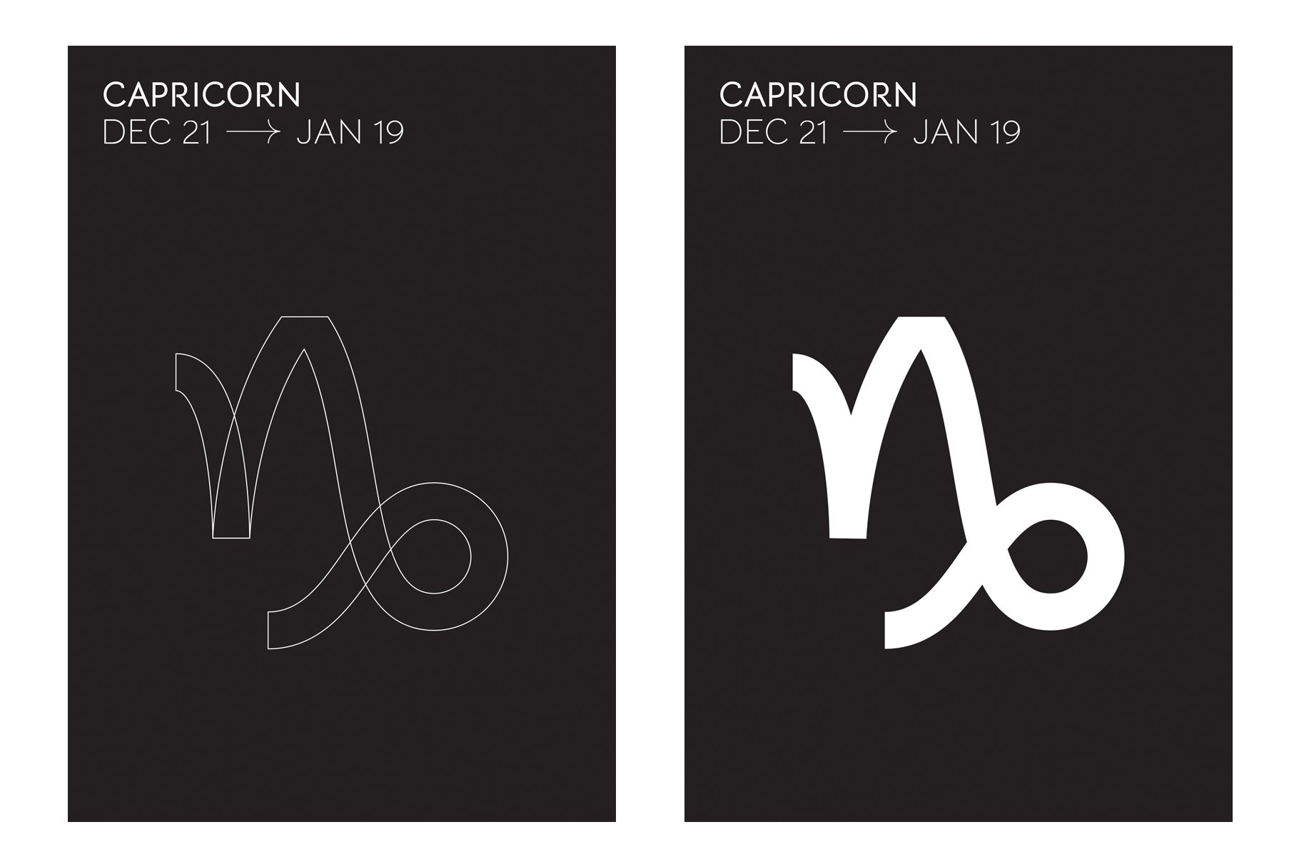 Outline and bold white Capricorn graphic.