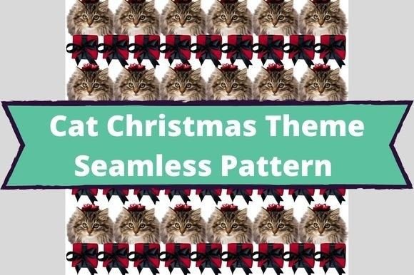 The white lettering "Cat Christmas Theme Seamless Pattern" on a turquoise background and image of christmas cats with gifts.
