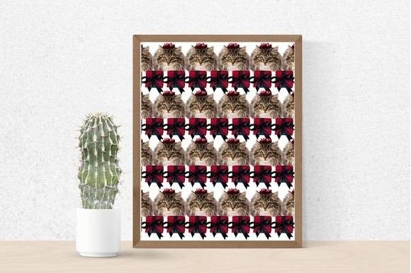 Cactus in a pot and picture of christmas cats with gifts on a white background in brown frame.