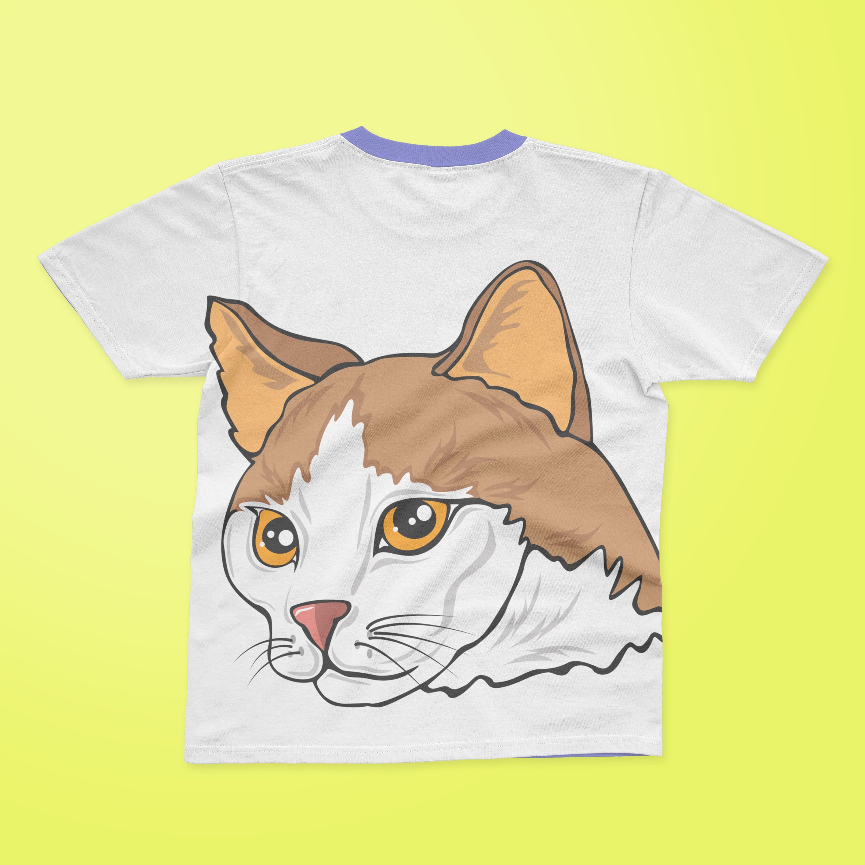 White T-shirt with a purple collar and a face of a brown and white cat.