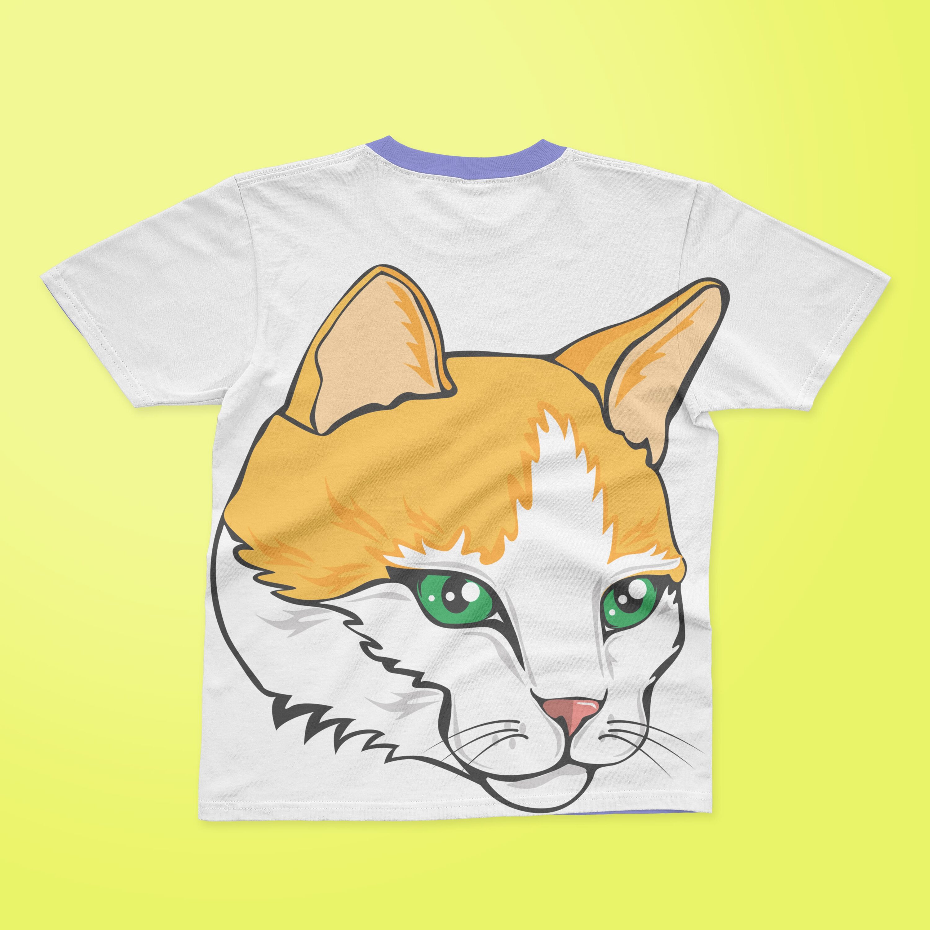 White T-shirt with a purple collar and a face of a ginger and white cat.
