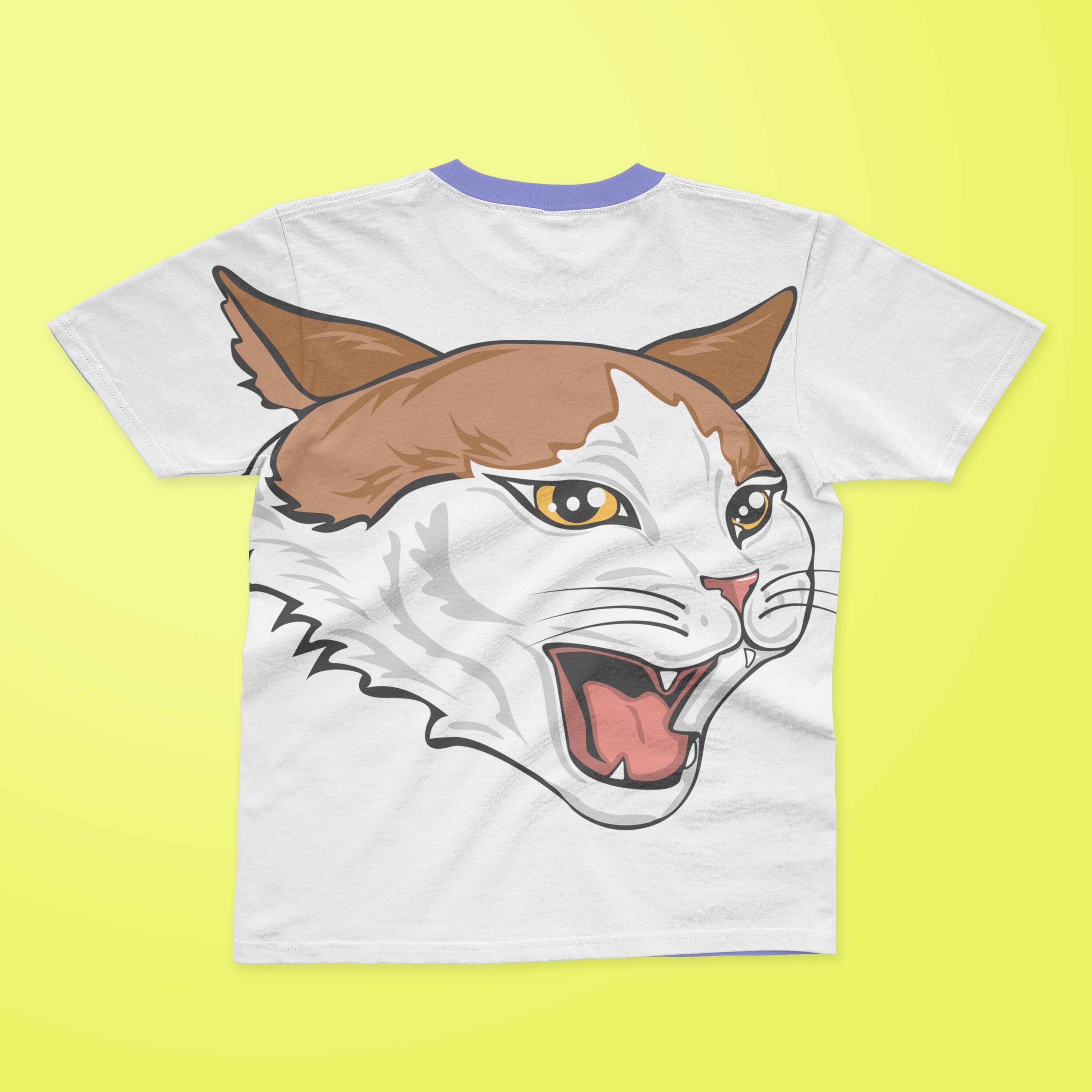 White T-shirt with a purple collar and a face of an angry brown and white cat.