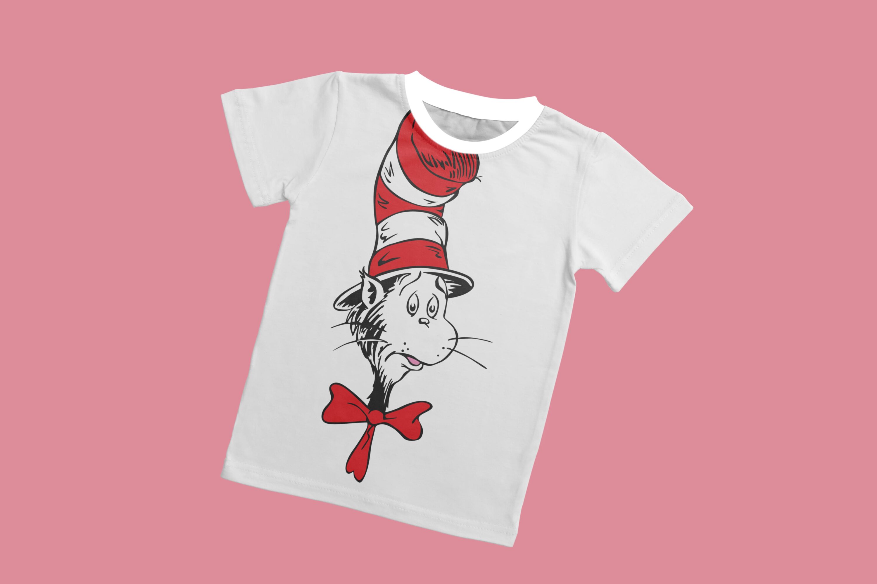 A gray T-shirt with a white collar and the face of a sad cat with a red bow in a red and white hat.
