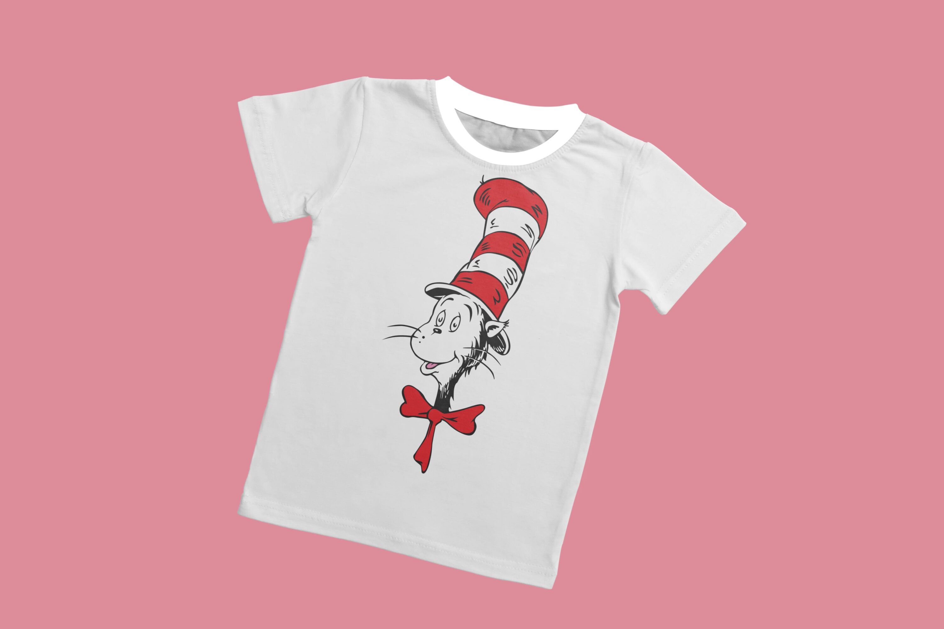 A gray t-shirt with a white collar and the face of a surprised cat with a red bow in a red and white hat.