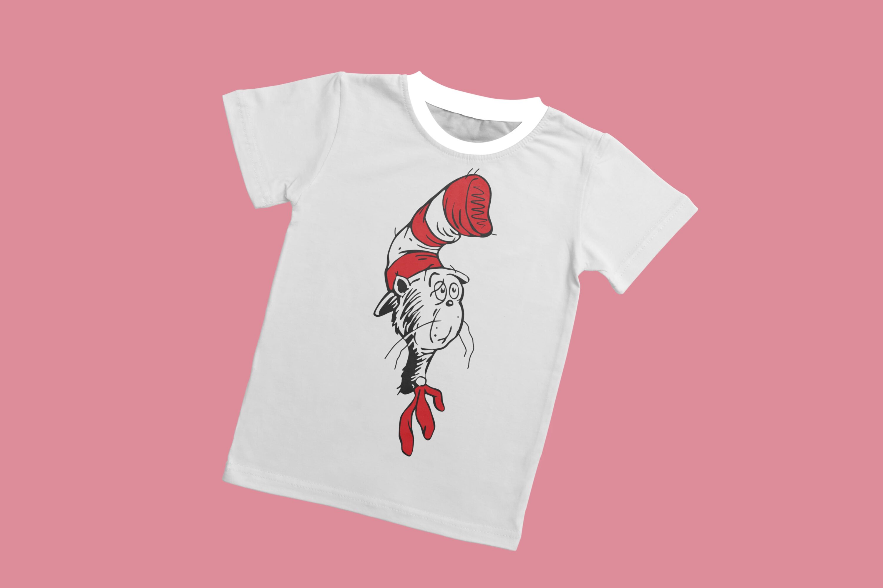 A gray t-shirt with a white collar and the face of a sad cat with a red bow in a red and white hat.