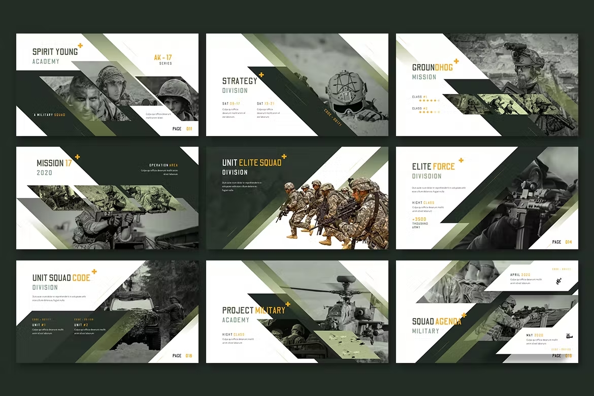 9 different dark green, white and green special force powerpoint templates on a dark green background.