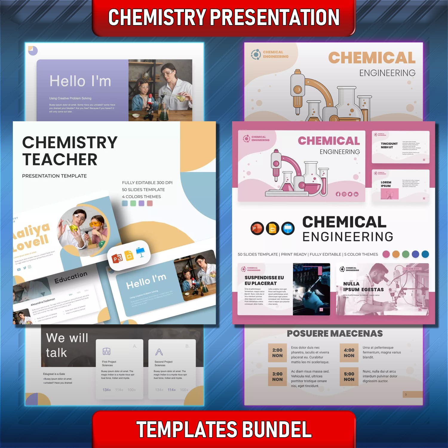Collection of images of colorful presentation template slides on the topic of chemistry.