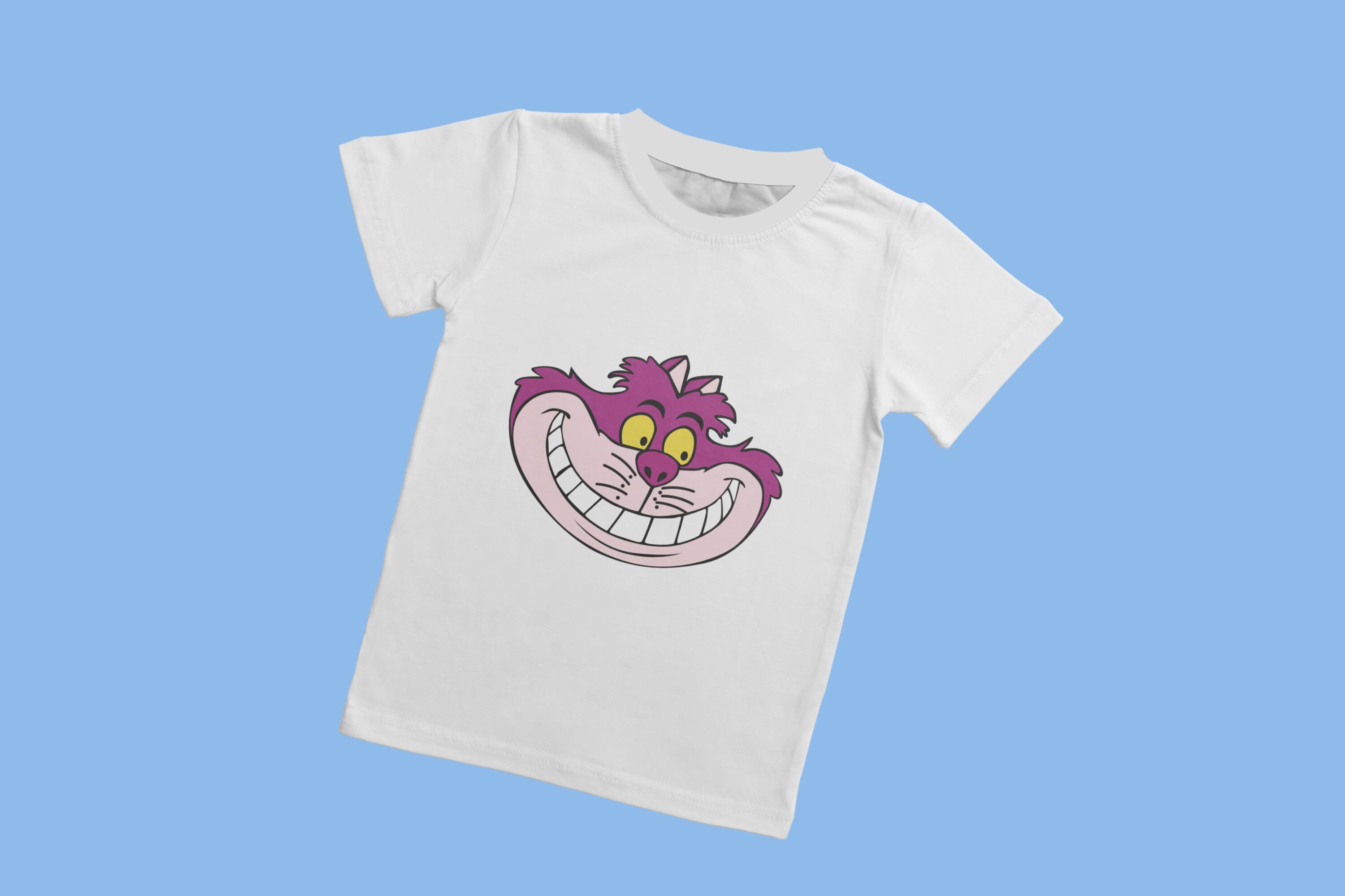 A white T-shirt with a white collar and the face of a Cheshire cat looking to the right, on a blue background.