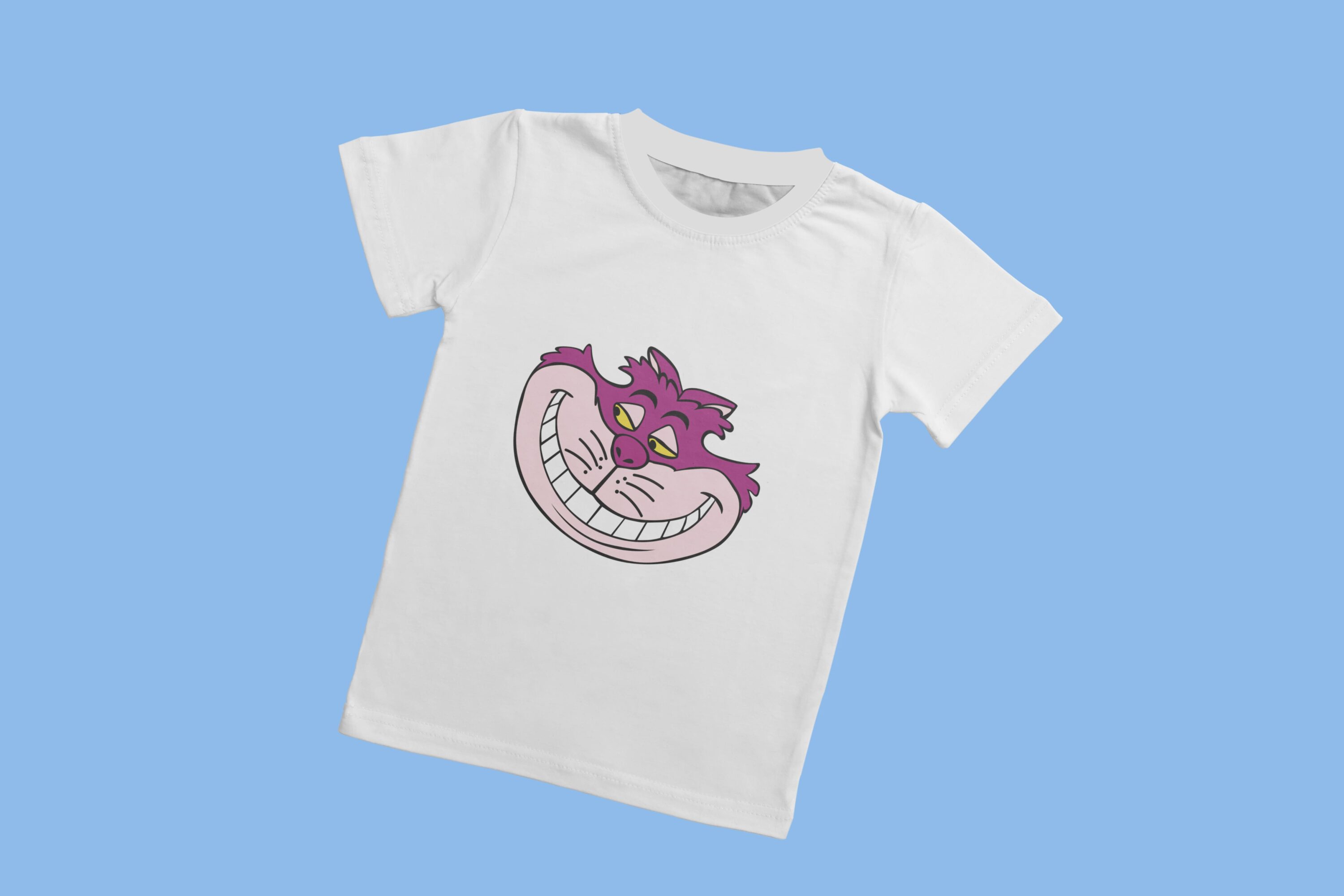 A white T-shirt with a white collar and the face of a Cheshire cat looking to the left, on a blue background.