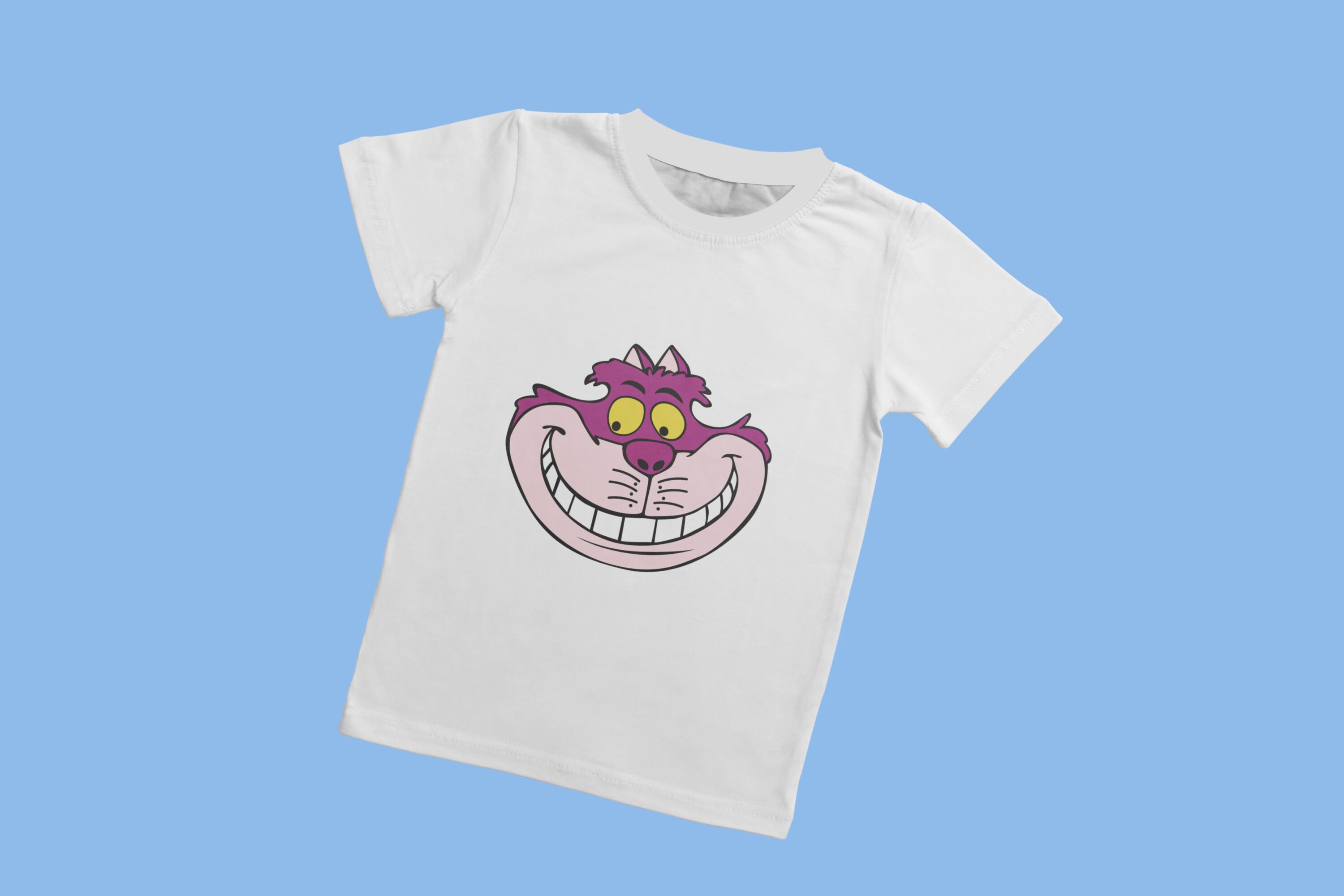 White T-shirt with a white collar and the face of the Cheshire cat, which looks in the lower left corner, on a blue background.
