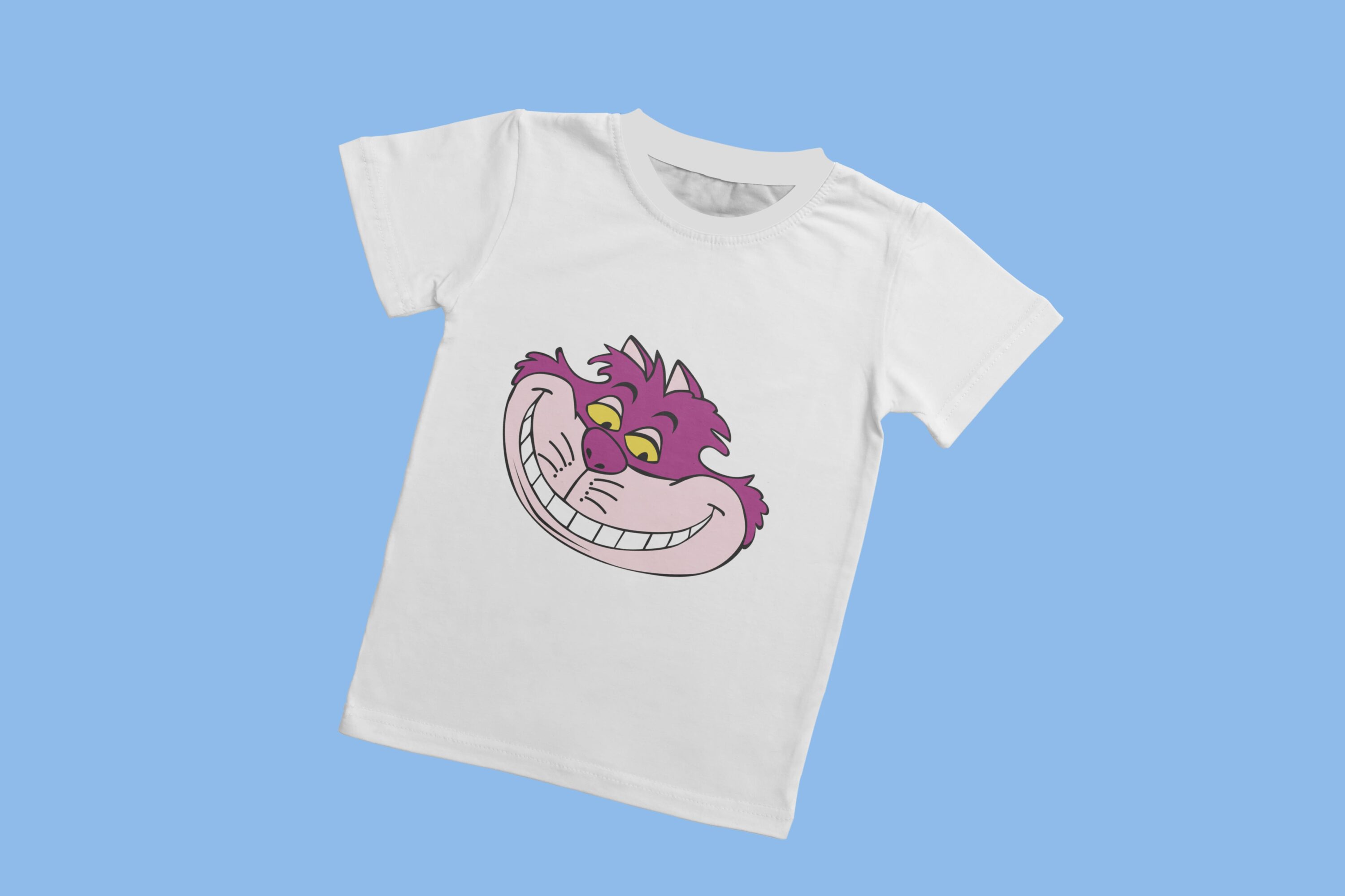 White T-shirt with a white collar and the face of the Cheshire cat, which looks in the lower right corner, on a blue background.