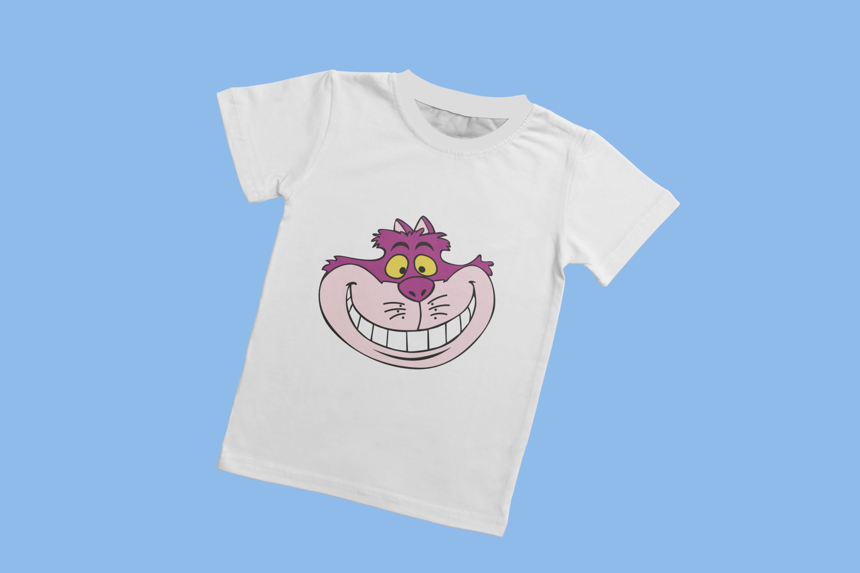 White T-shirt with a white collar and the face of a Cheshire cat with crossed eyes, on a blue background.