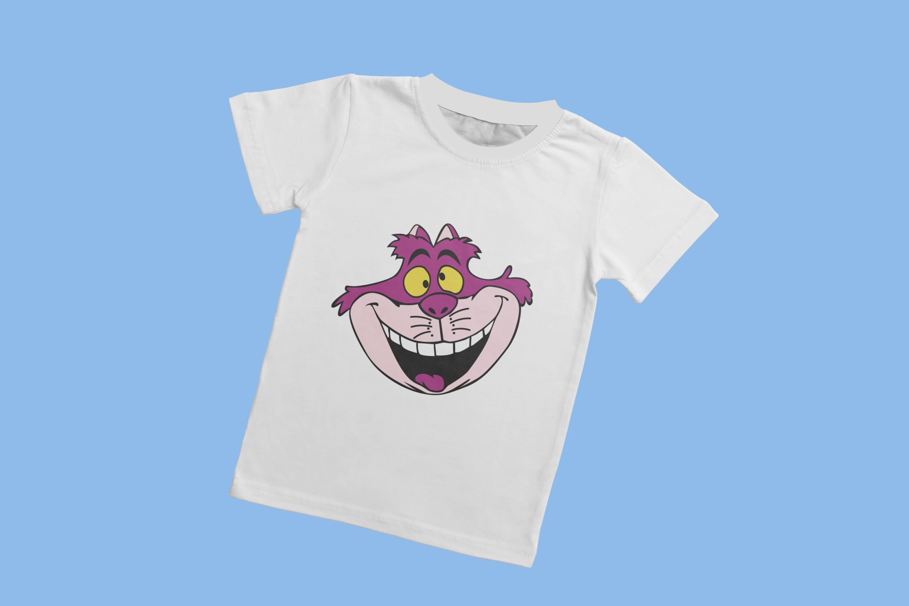 White T-shirt with a white collar and the face of a crazy Cheshire cat, on a blue background.