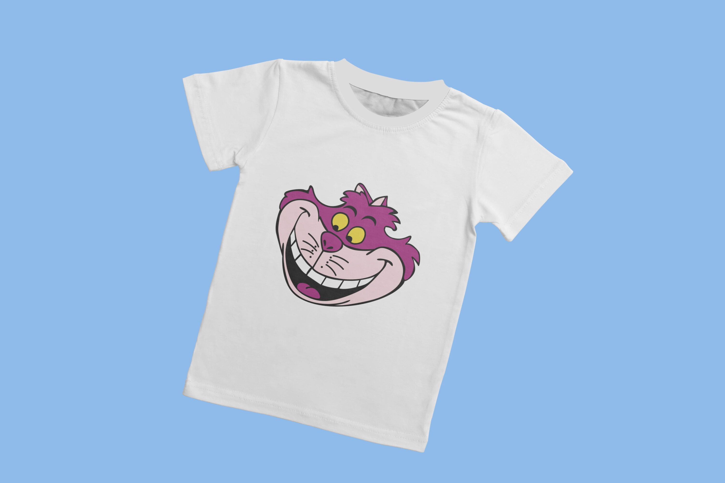 A white t-shirt with a white collar and the face of a Cheshire cat looking down, on a blue background.