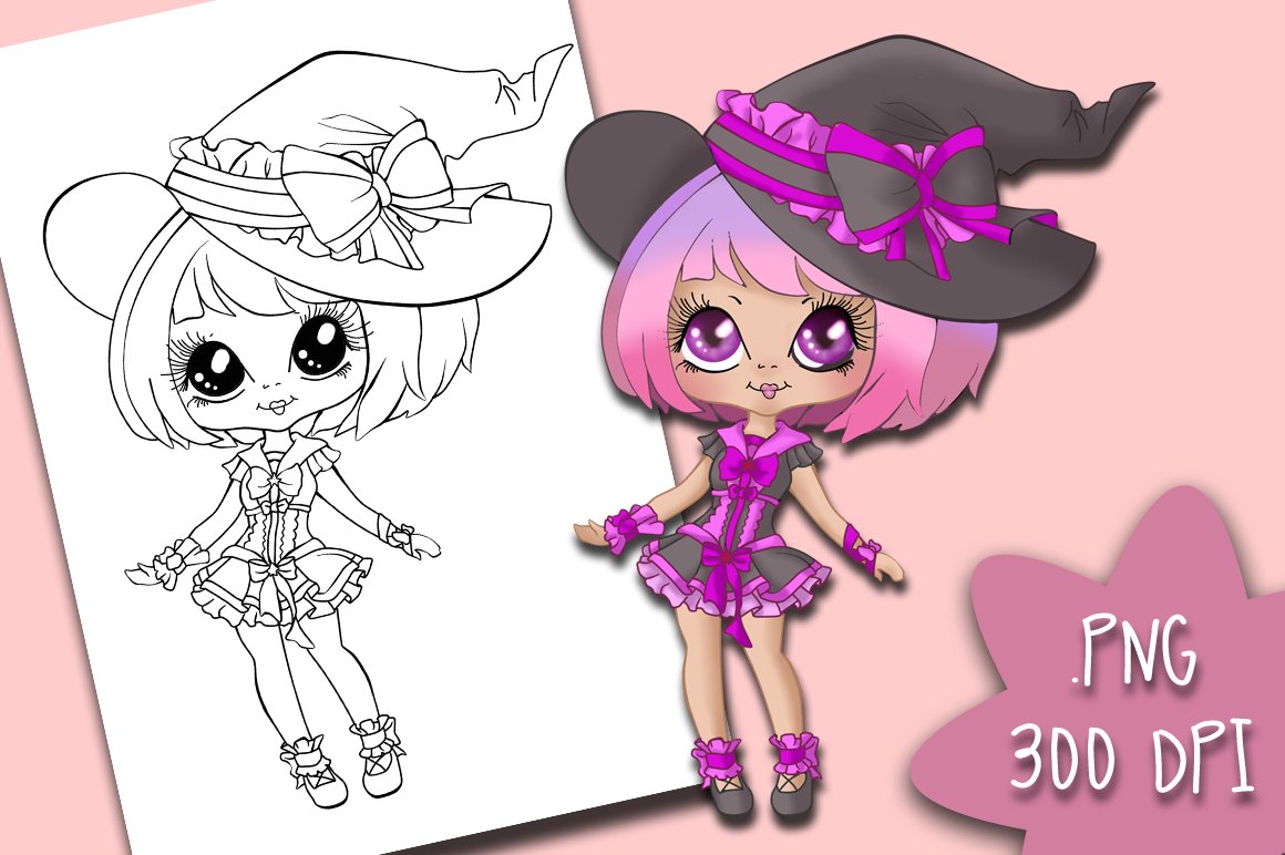 An illustration of a pink and black Halloween witch and the same black design on a landscape sheet.