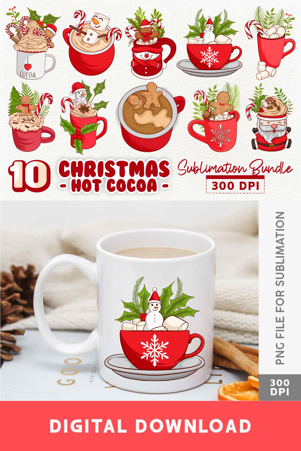 Christmas Hot Cocoa and Coffee Cup Sublimation Bundle pinterest image.