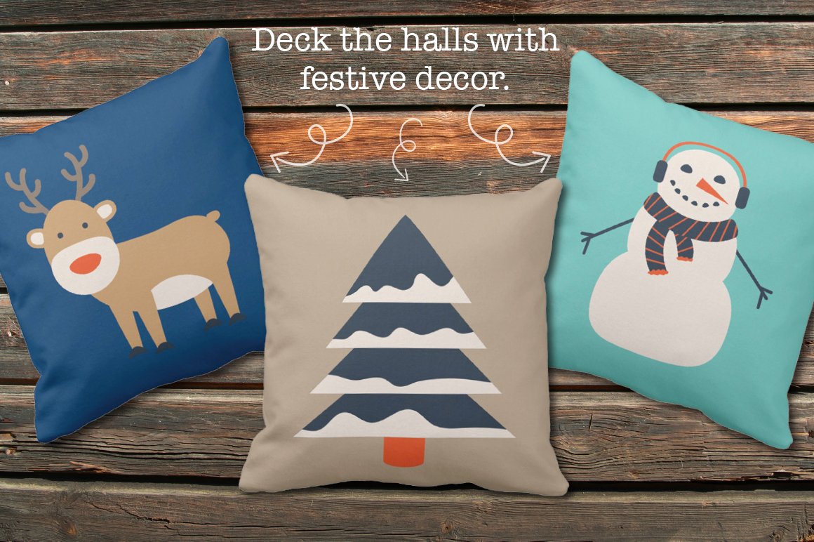 Three decorate pillows with the Christmas illustrations.