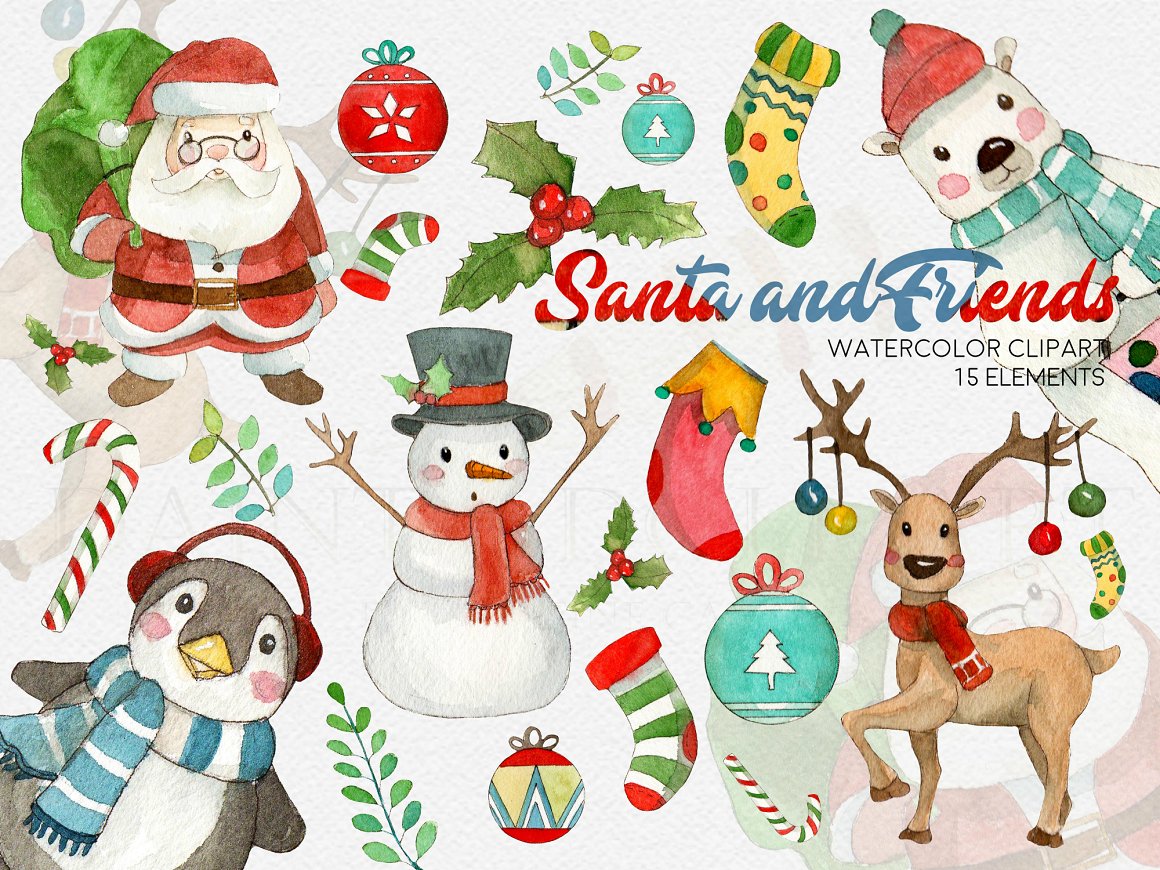 Red-blue lettering "Santa and Friends" and different watercolor christmas illustrations on a gray background.