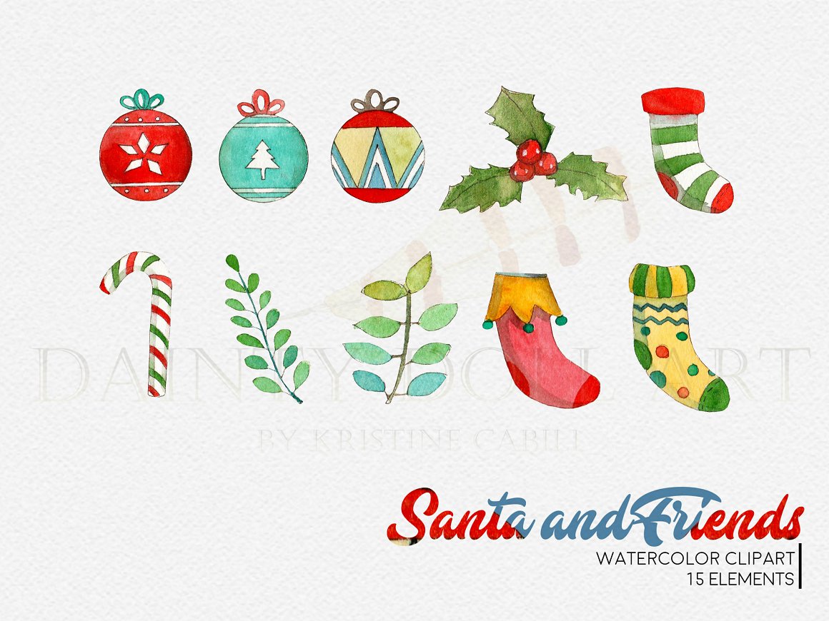 Red-blue lettering "Santa and Friends" and a set of 10 different watercolor illustrations of 3 christmas balls, mistletoe, 2 leaves, 3 socks and candy cane on a gray background.