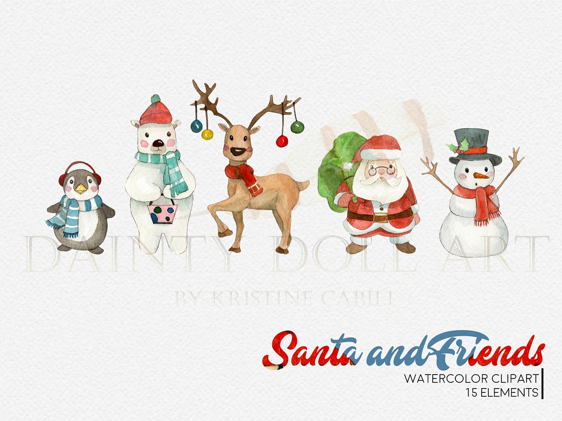Red-blue lettering "Santa and Friends" and a set of 5 different watercolor illustrations of a penguin, polar bear, reindeer, santa and snowman on a gray background.