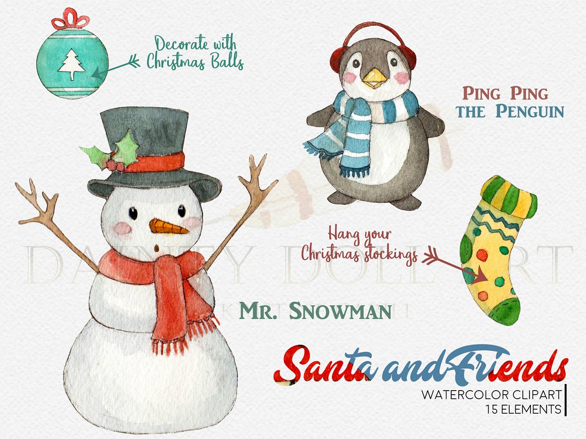 Red-blue lettering "Santa and Friends" and a set of 4 different watercolor illustrations of a christmas ball, penguin, snowman and socks on a gray background.