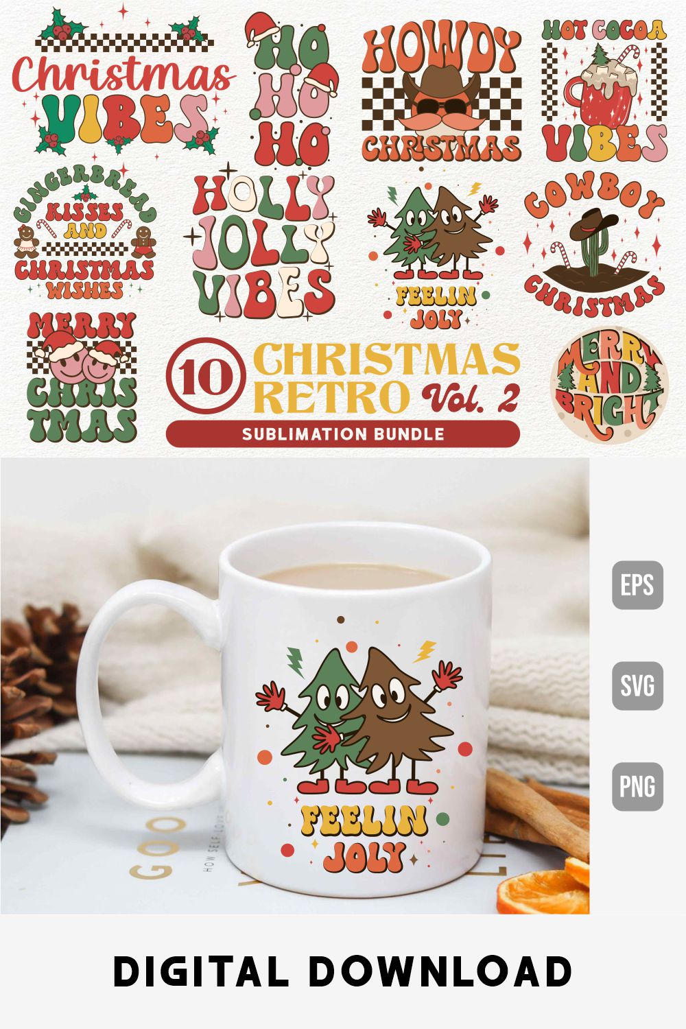 Retro T-shirt Christmas Sublimation Design pinterest image.