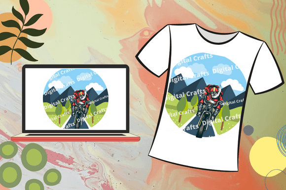 White t-shirt with the adventure illustratioin.