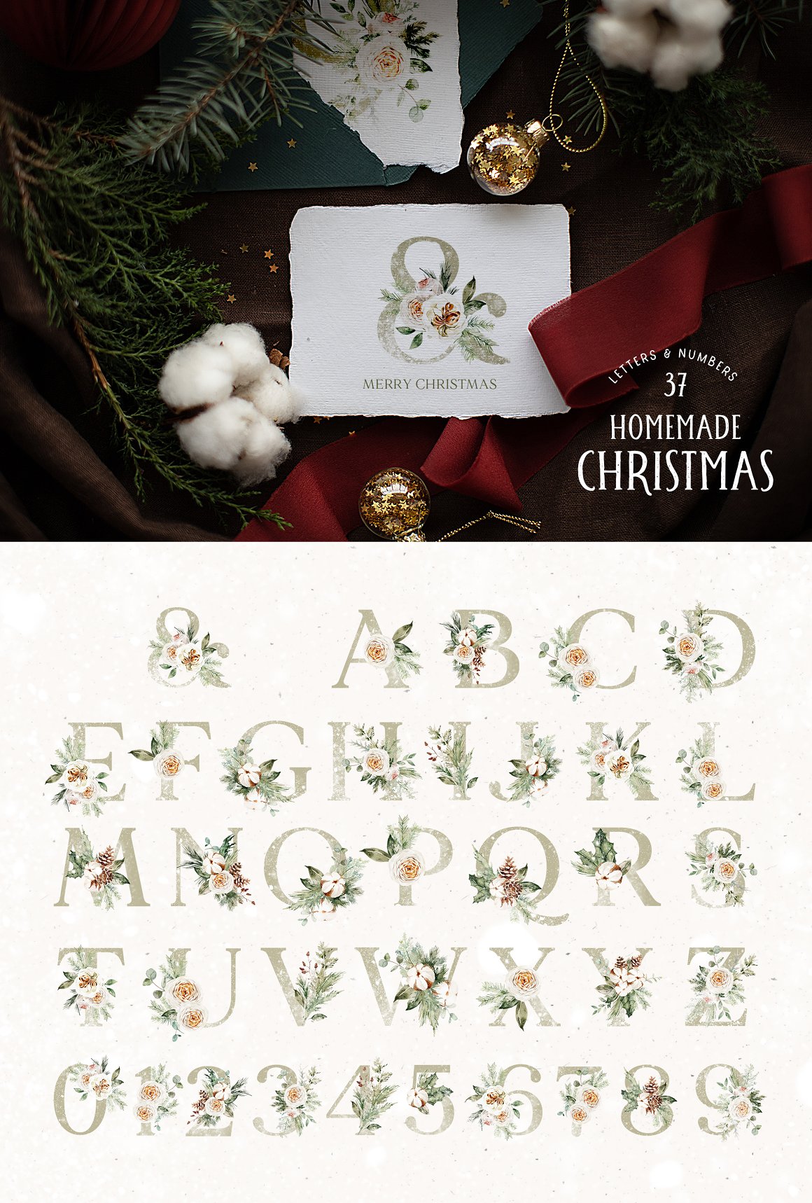 A set of 37 christmas letters & numbers on a white background.