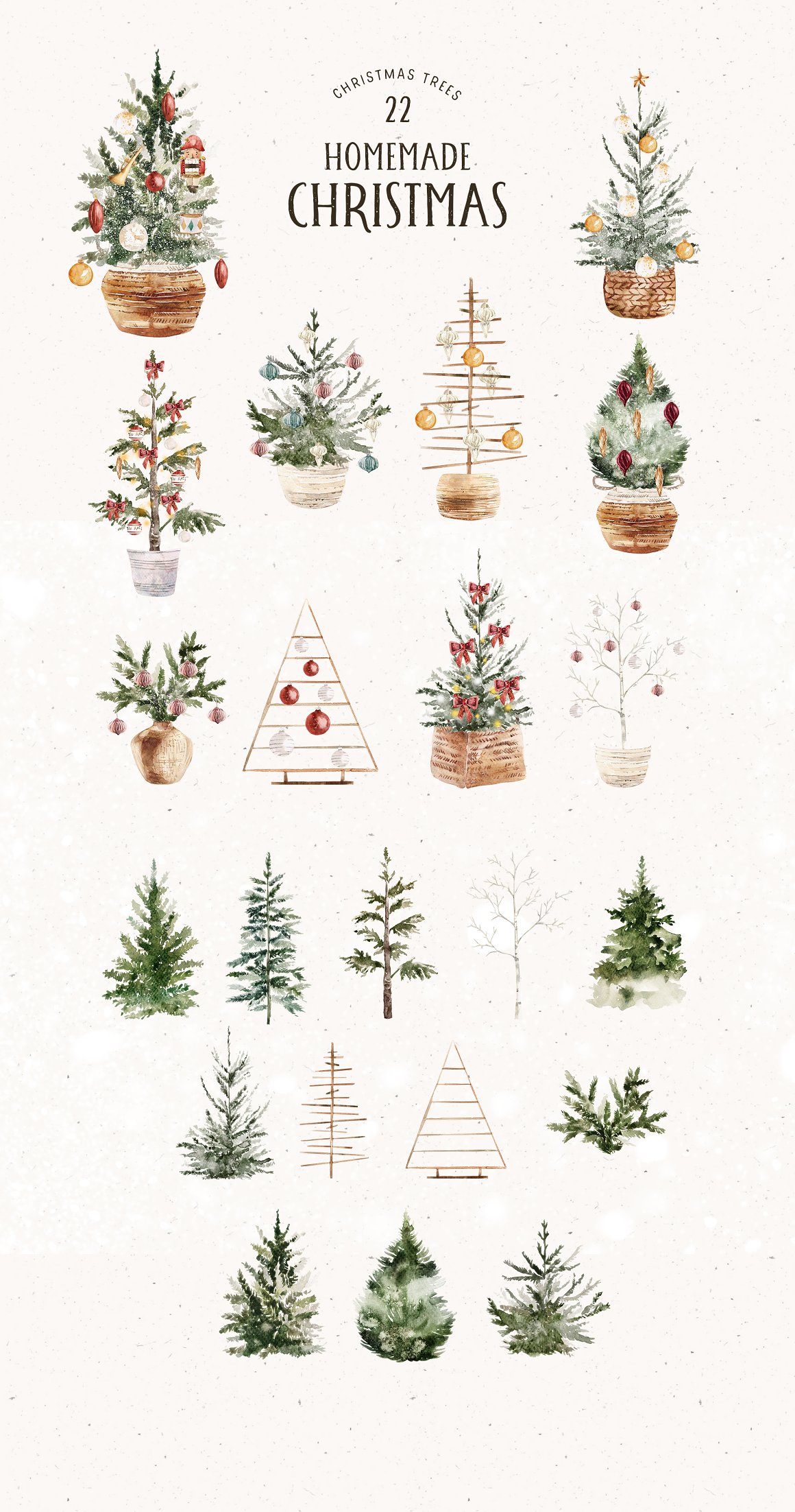 Black lettering "Homemade Christmas" and a set of 22 different illustrations of christmas trees on a white background.