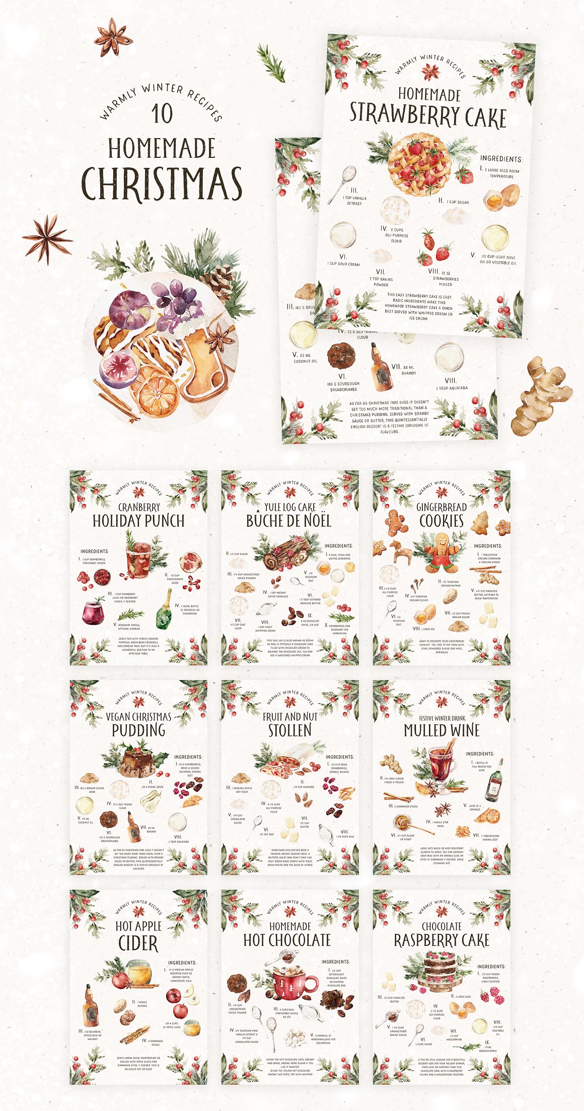 Black lettering "Homemade Christmas" and a set of 10 different christmas recipes on a white background.