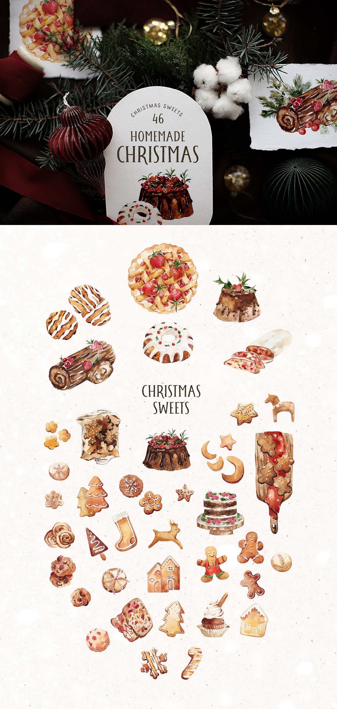 Black lettering "Homemade Christmas" and a set of 46 different christmas sweets on a white background.