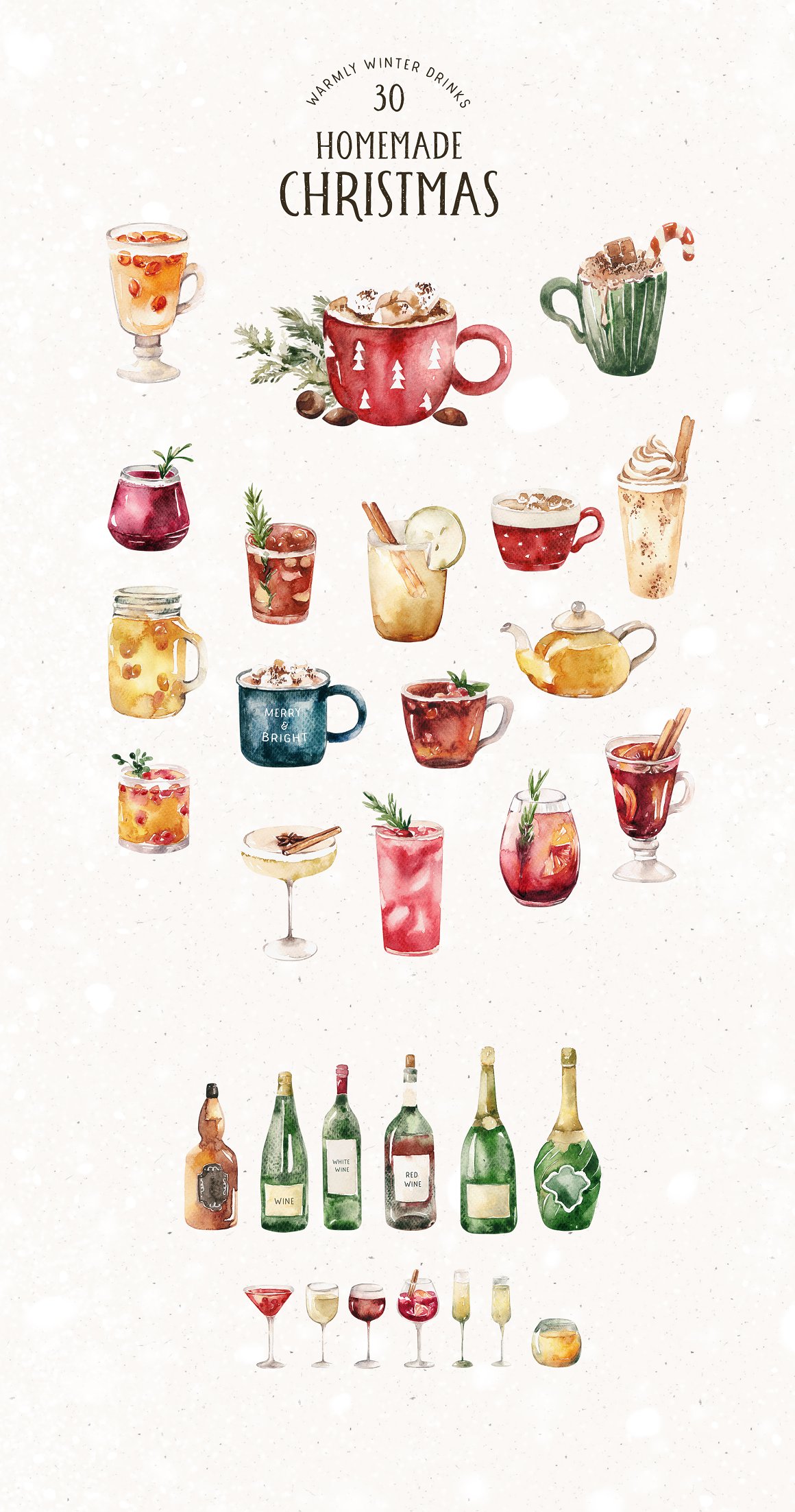 Black lettering "Homemade Christmas" and a set of 30 different christmas drinks on a white background.